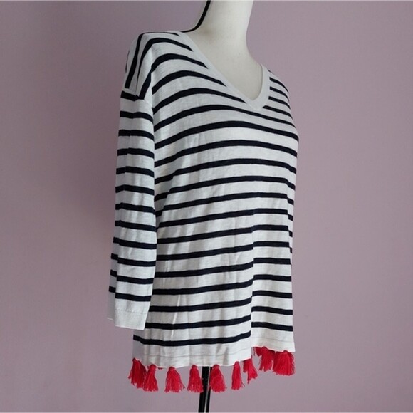 Talbots Cotton Blend V-Neck Black White Stripe 3/4 Sleeves Knit Top Size S NWT - Picture 2 of 10